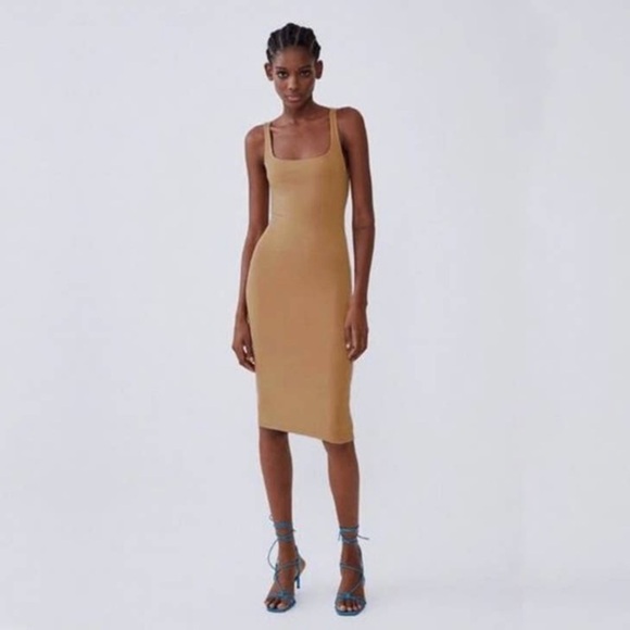 Zara Dresses & Skirts - Zara Square Neck Bodycon Tank Pencil Dress XL
Camel Brown Slit Back
